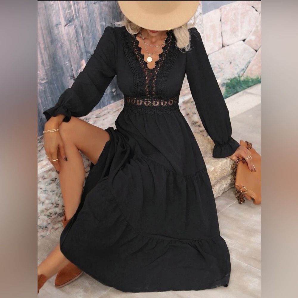 Black long sleeve dress with lace cutout